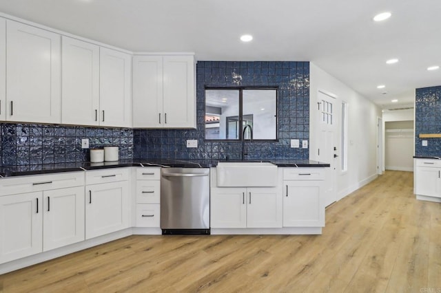 3612 Palomar Dr, Fallbrook, CA 92028 - kitchen featuring stainless steel dishwasher, light wood-style flooring, decorative backsplash, white cabinets, and recessed lighting