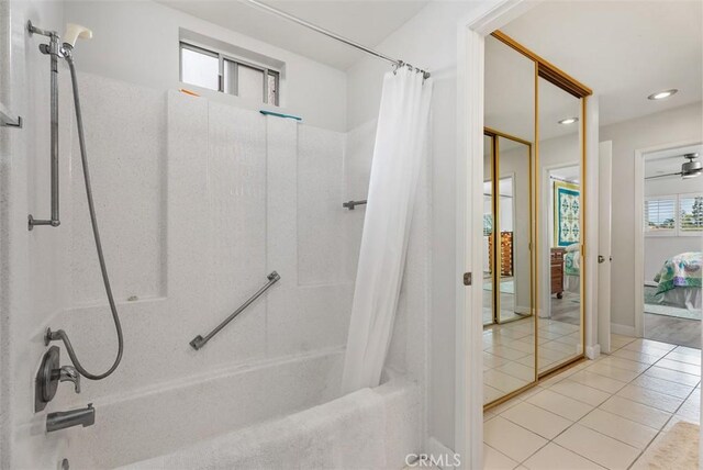 ensuite bathroom featuring tile patterned floors, shower / bath combo, connected bathroom, and recessed lighting
