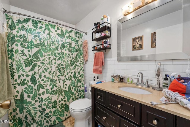 60 Bennett Ave, Long Beach, CA 90803 - bathroom with decorative backsplash, vanity, a shower with shower curtain, and toilet