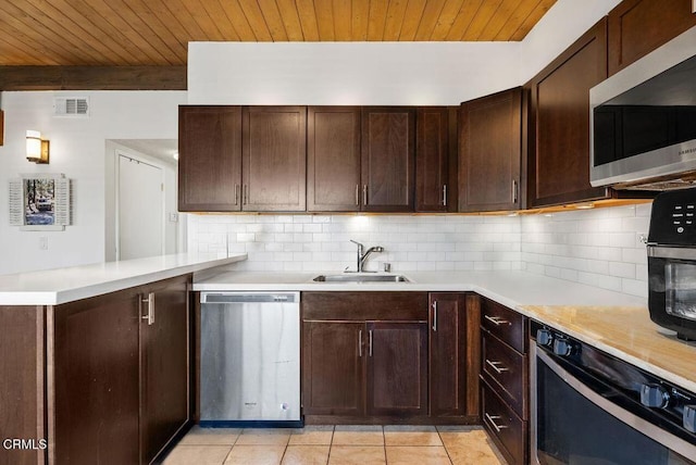 60 Bennett Ave, Long Beach, CA 90803 - kitchen featuring wood ceiling, stainless steel appliances, a sink, and light tile patterned floors