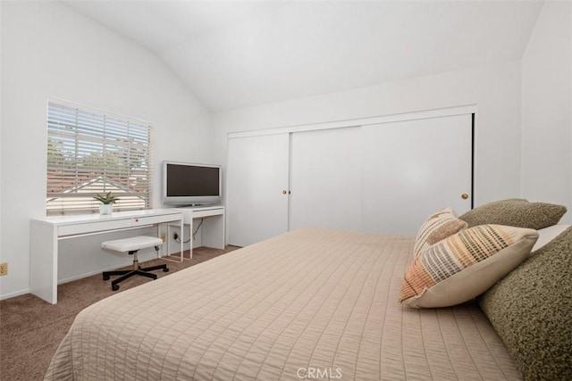 carpeted bedroom featuring a closet and lofted ceiling
