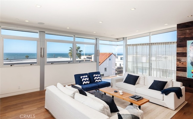 living room featuring a water view, baseboards, a healthy amount of sunlight, and wood finished floors