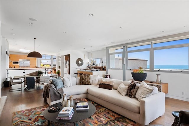 living room featuring a water view and wood finished floors