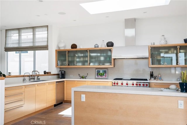 kitchen featuring decorative backsplash, light brown cabinetry, a sink, exhaust hood, and stainless steel appliances