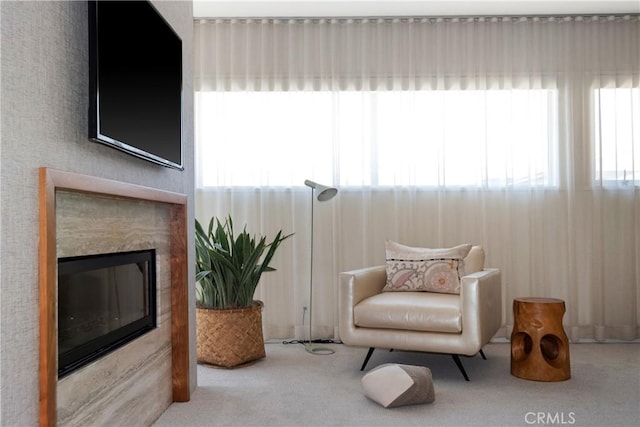 living area featuring plenty of natural light, carpet, and a glass covered fireplace