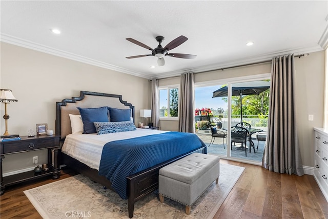 bedroom with crown molding, access to exterior, dark wood-type flooring, and recessed lighting