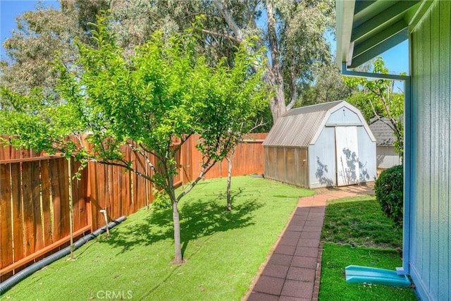 view of yard featuring a fenced backyard, an outbuilding, and a storage shed