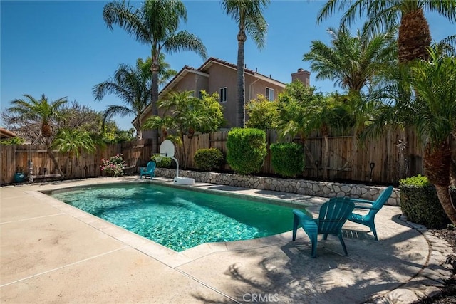 view of swimming pool with a patio, a fenced in pool, and a fenced backyard