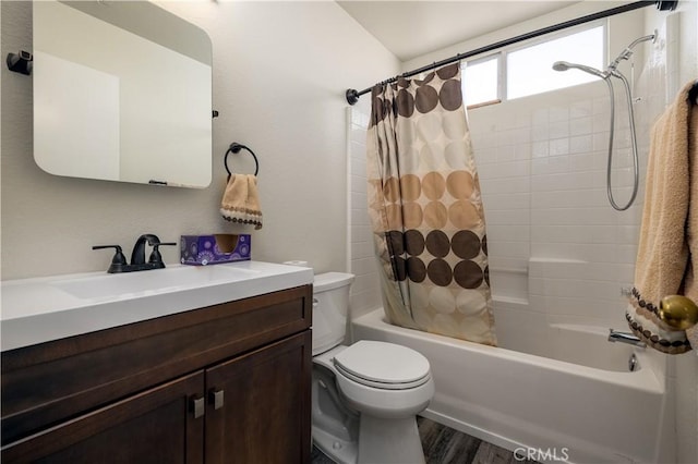 25714 Sunnyvale Ct, Menifee, CA 92584 - full bath featuring vanity, shower / bathtub combination with curtain, wood finished floors, and toilet
