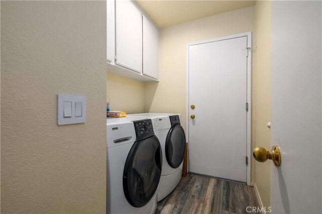 25714 Sunnyvale Ct, Menifee, CA 92584 - laundry room with baseboards, washer and clothes dryer, dark wood finished floors, and cabinet space