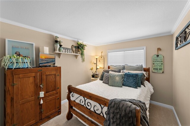 bedroom featuring crown molding, baseboards, and light carpet