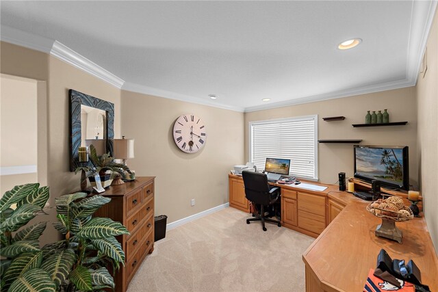 home office featuring baseboards, recessed lighting, light colored carpet, and crown molding