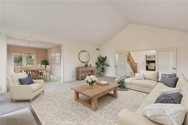 living area with vaulted ceiling, stairway, carpet, and a notable chandelier