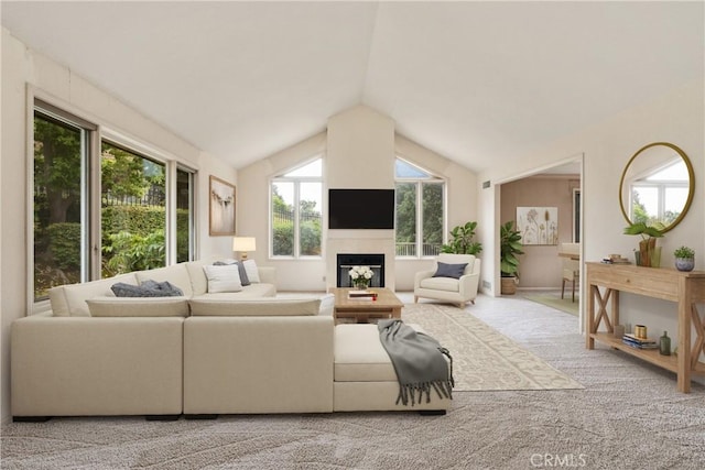 living room with carpet, lofted ceiling, and a fireplace