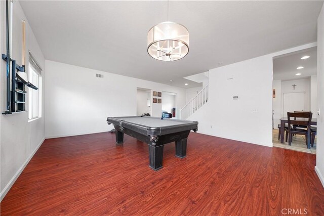 29444 Siderite Cir, Menifee, CA 92584 - game room featuring recessed lighting, visible vents, billiards, and wood finished floors