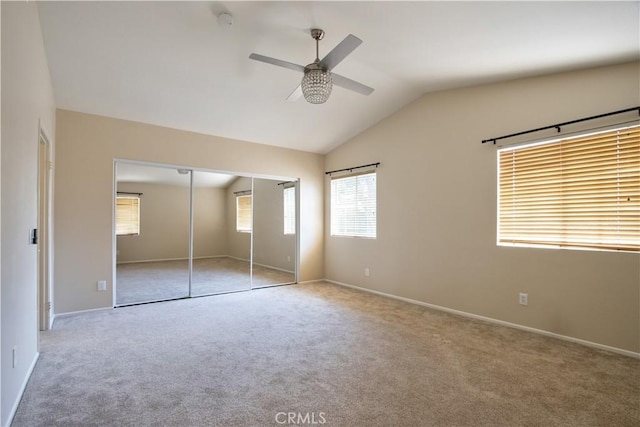 32000 Corte Sagunto, Temecula, CA 92592 - unfurnished bedroom featuring a closet, baseboards, ceiling fan, carpet flooring, and vaulted ceiling
