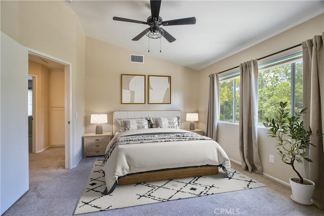 32000 Corte Sagunto, Temecula, CA 92592 - bedroom featuring ceiling fan, light colored carpet, visible vents, vaulted ceiling, and baseboards