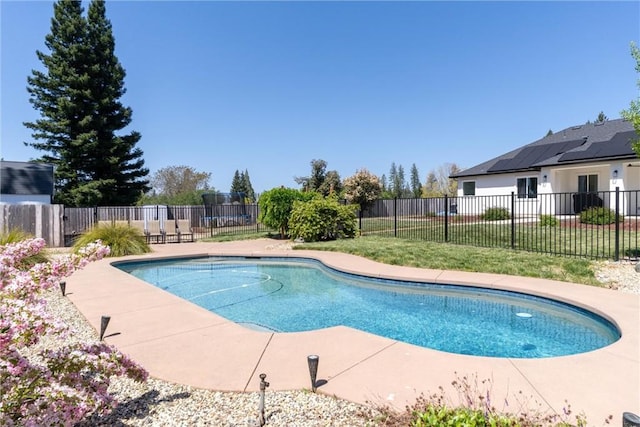 view of pool featuring a patio, fence, a fenced in pool, and a lawn