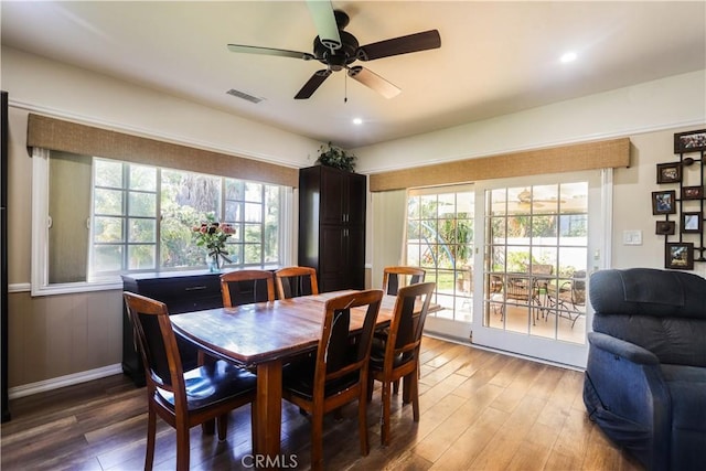 2812 Sunnywood Dr, Fullerton, CA 92835 - dining room with recessed lighting, wood finished floors, visible vents, and ceiling fan