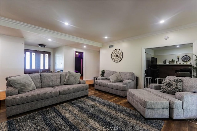 2812 Sunnywood Dr, Fullerton, CA 92835 - living room with dark wood-style flooring, baseboards, visible vents, recessed lighting, and ornamental molding