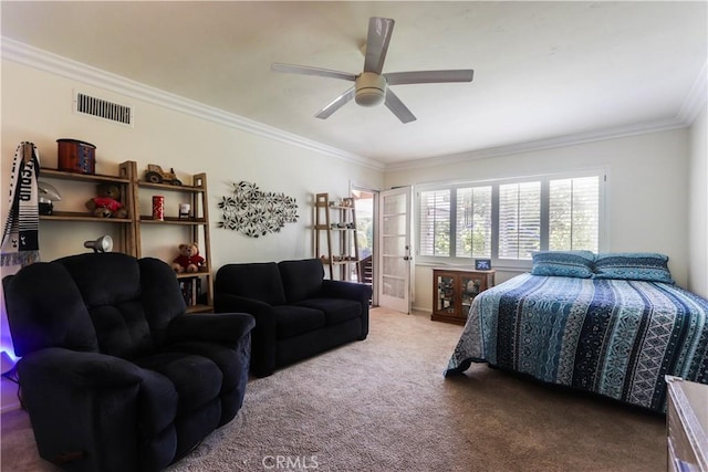 2812 Sunnywood Dr, Fullerton, CA 92835 - carpeted bedroom with a ceiling fan, visible vents, and ornamental molding