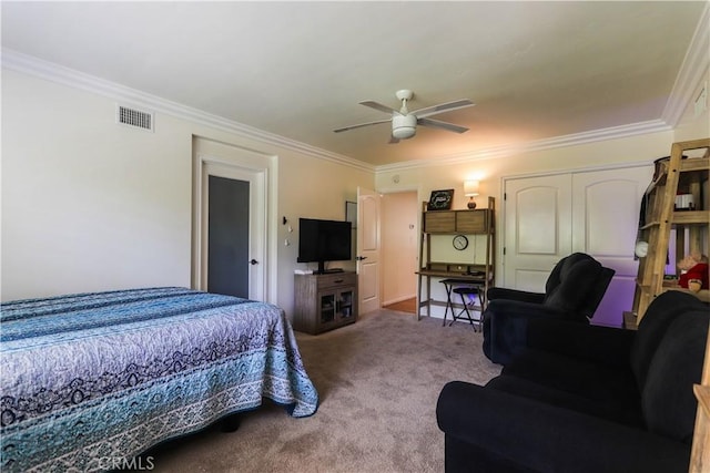 2812 Sunnywood Dr, Fullerton, CA 92835 - bedroom featuring visible vents, carpet floors, a closet, and ornamental molding