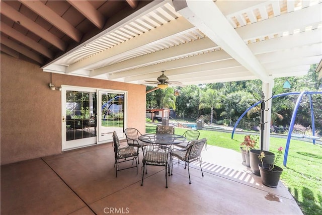 2812 Sunnywood Dr, Fullerton, CA 92835 - view of patio / terrace with outdoor dining space, a ceiling fan, and a playground