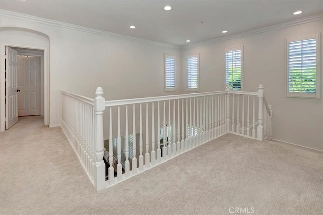 1711 Colina Terrestre, San Clemente, CA 92673 - hall with carpet flooring, ornamental molding, recessed lighting, and an upstairs landing