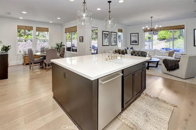 1711 Colina Terrestre, San Clemente, CA 92673 - kitchen with light wood-style floors, light countertops, open floor plan, dishwasher, and recessed lighting
