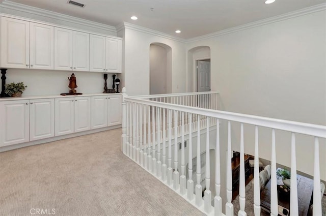 1711 Colina Terrestre, San Clemente, CA 92673 - corridor with light carpet, recessed lighting, ornamental molding, and arched walkways