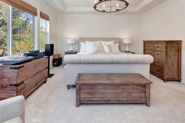 1711 Colina Terrestre, San Clemente, CA 92673 - bedroom with light carpet, a chandelier, crown molding, and a tray ceiling