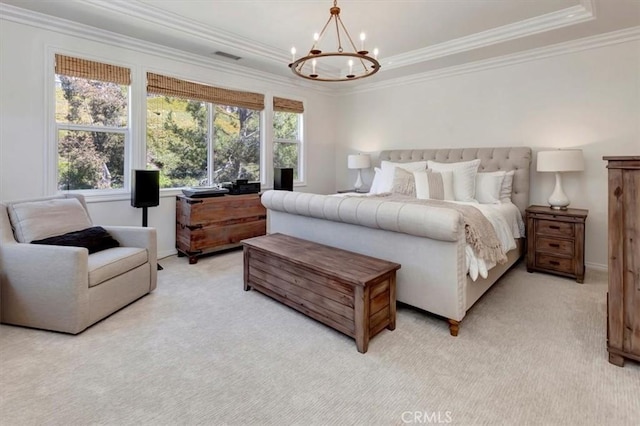 1711 Colina Terrestre, San Clemente, CA 92673 - bedroom featuring light carpet, a chandelier, ornamental molding, and a tray ceiling