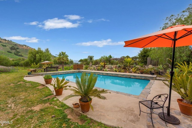 outdoor pool featuring a patio and a mountain view