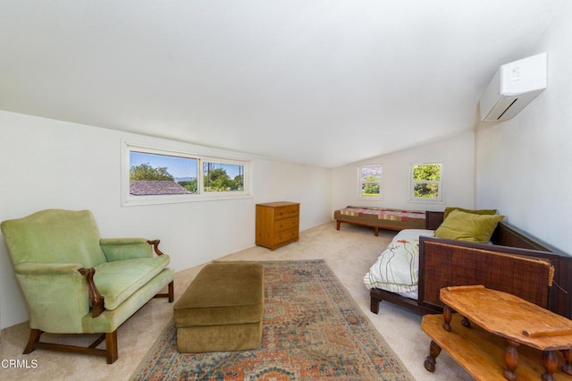 carpeted bedroom with an AC wall unit and lofted ceiling