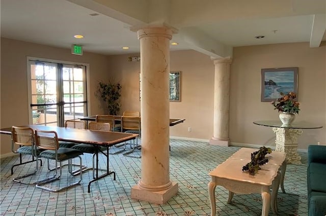 rec room with recessed lighting, carpet flooring, baseboards, and ornate columns