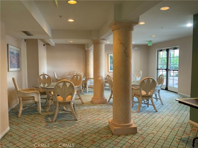 dining area with visible vents, ornate columns, light carpet, and recessed lighting