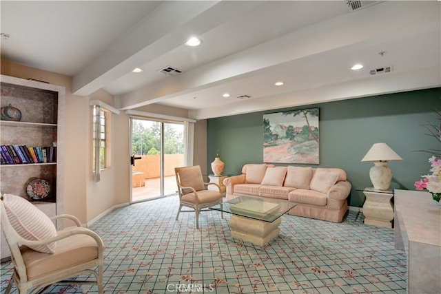 carpeted living room with beam ceiling, visible vents, recessed lighting, and baseboards