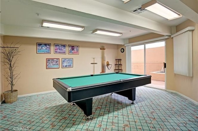 recreation room with carpet, pool table, and baseboards
