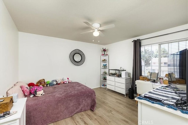 bedroom with ceiling fan and light wood finished floors