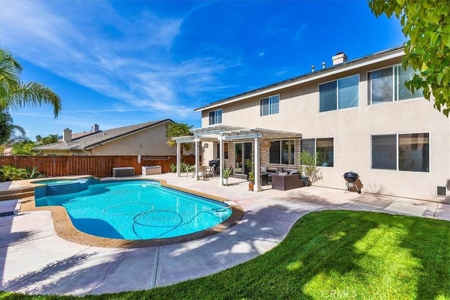 view of swimming pool featuring a pergola, a pool with connected hot tub, an outdoor hangout area, a fenced backyard, and a patio area