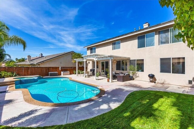 41028 Promenade Chardonnay Hls, Temecula, CA 92591 - view of swimming pool featuring a pergola, an outdoor hangout area, a patio area, and a pool with connected hot tub