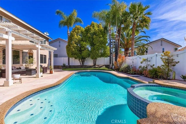 view of pool featuring a pergola, a pool with connected hot tub, a fenced backyard, an outdoor living space, and a patio area