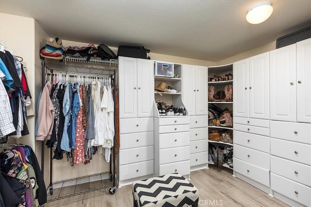 walk in closet with light wood-style flooring