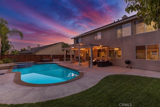 view of pool with outdoor lounge area, a pergola, a fenced backyard, a patio area, and a yard