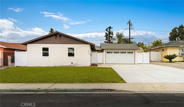 ranch-style home with fence, stucco siding, an attached garage, concrete driveway, and a front yard