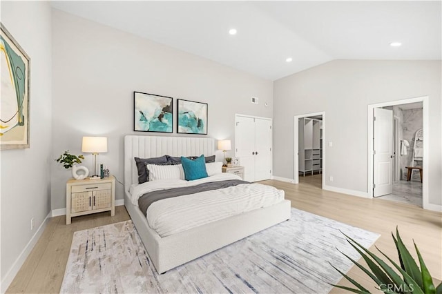 12 Whitewood Way, Irvine, CA 92612 - bedroom with baseboards, recessed lighting, light wood finished floors, and vaulted ceiling