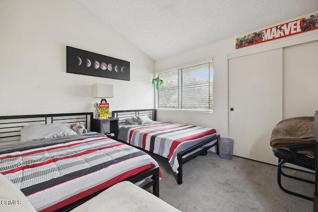 bedroom featuring lofted ceiling, a textured ceiling, carpet floors, and a closet