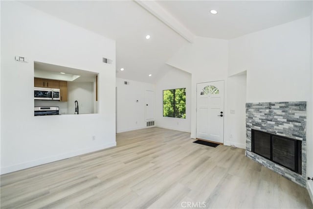 7314 Quill Dr Unit 155, Downey, CA 90242 - unfurnished living room with light wood finished floors, beam ceiling, a sink, visible vents, and high vaulted ceiling