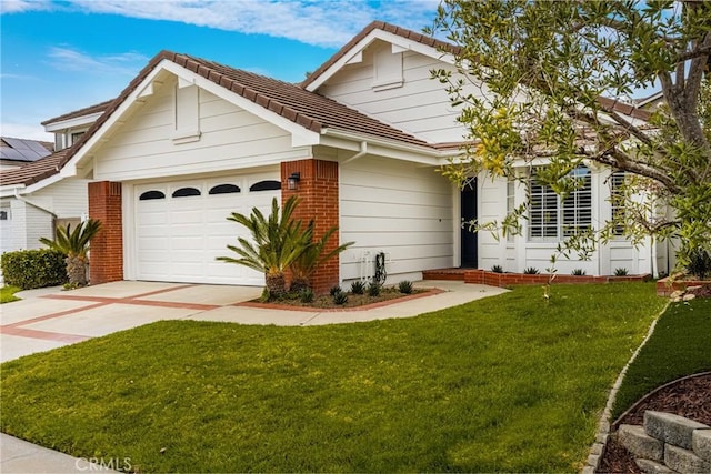 2122 Via Aguila, San Clemente, CA 92673 - ranch-style house featuring driveway, a garage, a front lawn, brick siding, and a tile roof