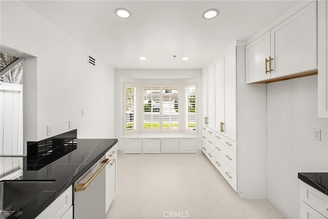 2122 Via Aguila, San Clemente, CA 92673 - kitchen featuring white cabinetry, dark countertops, visible vents, and dishwasher